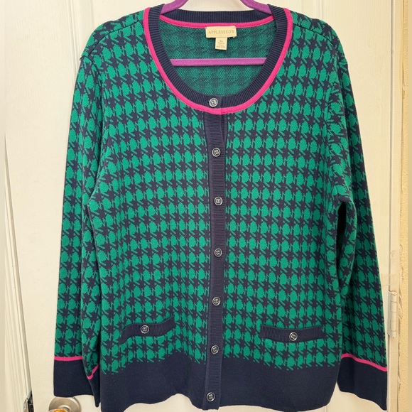 APPLESEED’S SWEATER/CARDIGAN. SIZE XL BUTTONED, NAVY/GREEN HOUNDSTOOTH, VINTAGE - Picture 8 of 12
